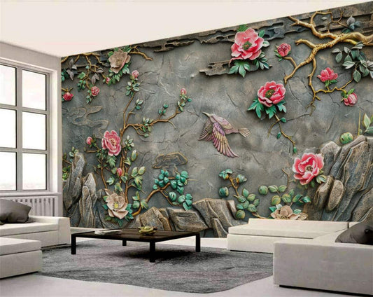 Stone Carving Floral Bird Wallpaper Mural