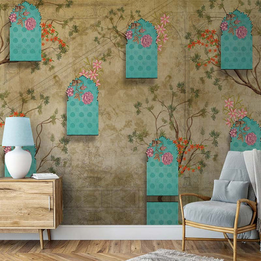 Teal Arches & Blooming Branches Wallpaper