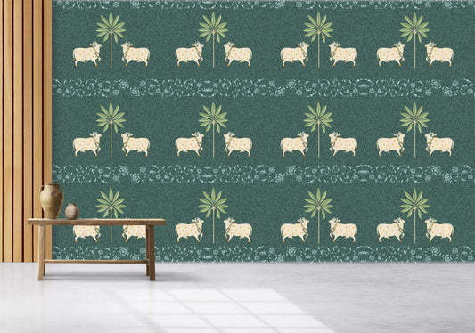 Teal Cows & Palm Trees Wallpaper