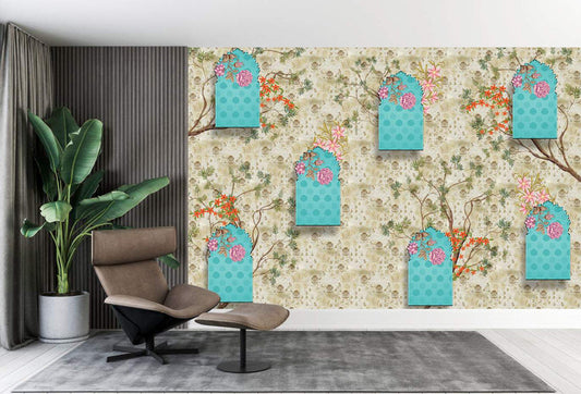 Teal Floral Arches Wallpaper Mural