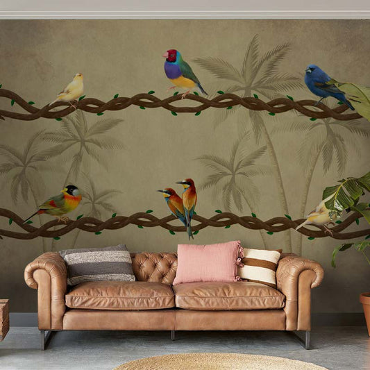 Tropical Birds on Vine Wallpaper Mural