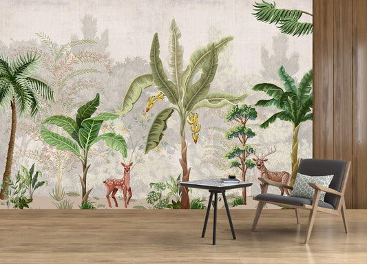 Tropical Eden Banana Trees & Deer Wallpaper
