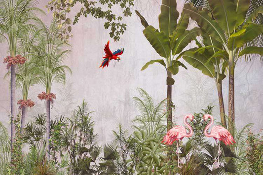 Tropical Paradise Flamingos & Macaw Mural