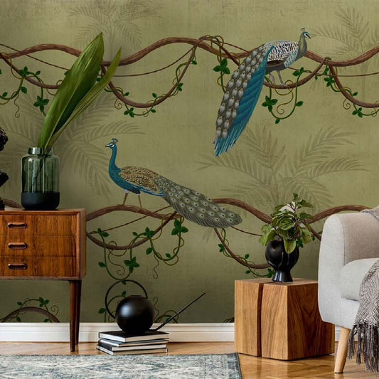 Tropical Peacocks in Vines Wallpaper Mural