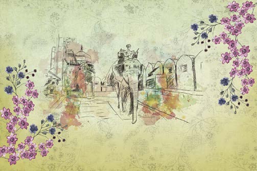 Vintage India Elephant & Floral Dreamscape