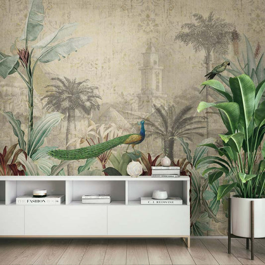 Vintage Tropical Paradise Peacock Wallpaper