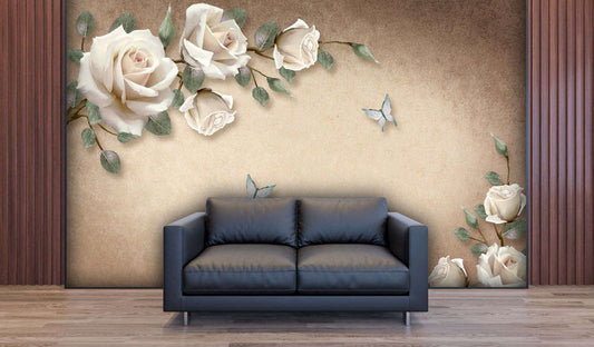 Vintage White Roses & Butterflies Wallpaper