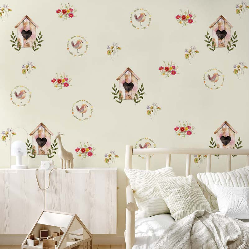 Watercolor Birdhouses & Floral Blooms Wallpaper