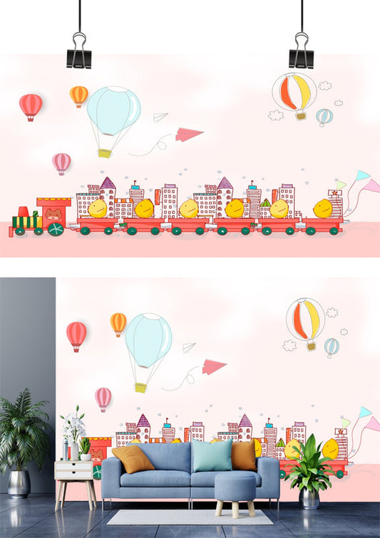 Whimsical City Train Hot Air Balloon Wallpaper