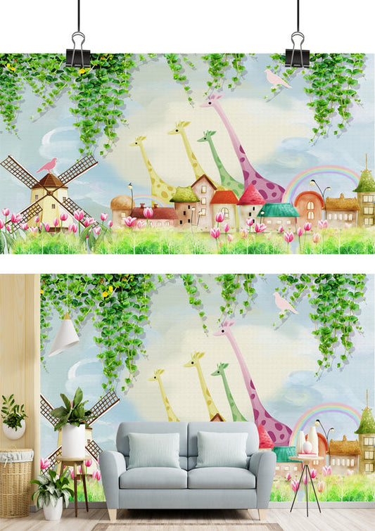 Whimsical Giraffe Village Wallpaper