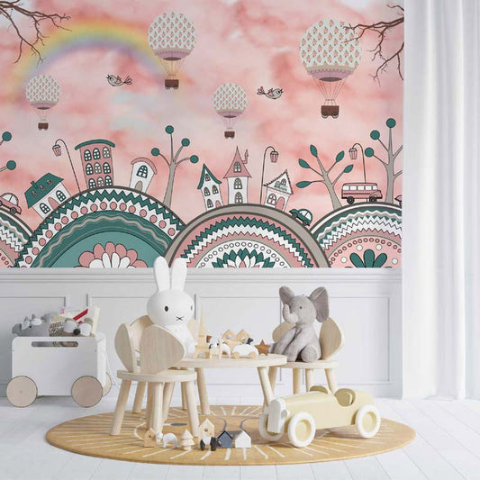 Whimsical Hot Air Balloon Town Wallpaper