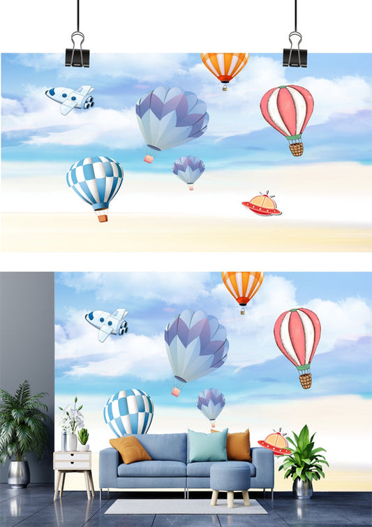 Whimsical Sky Hot Air Balloons & Rockets Wallpaper