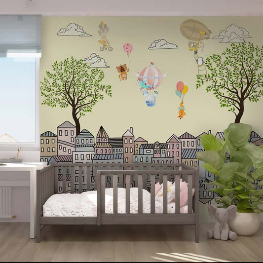 Whimsical Town Hot Air Balloon Nursery Wallpaper