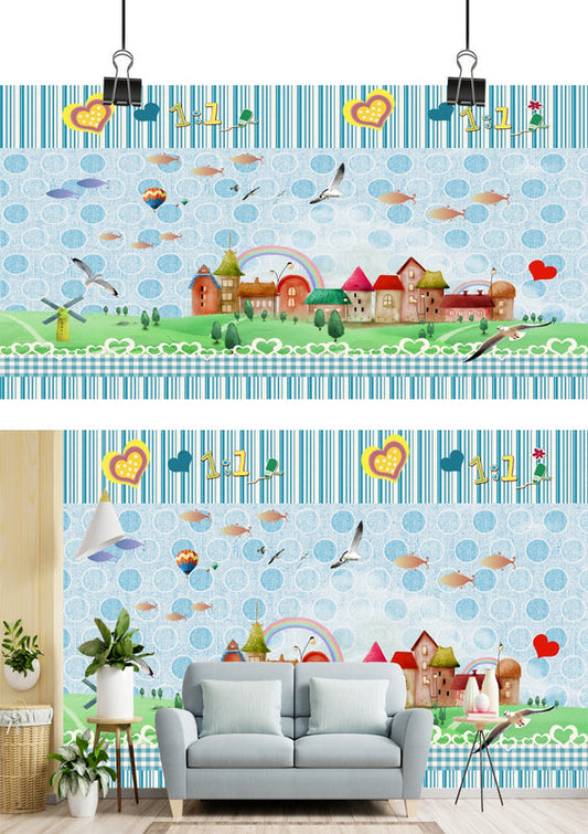 Whimsical Village Rainbow Sky Wallpaper